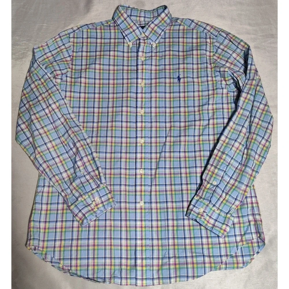 POLO RALPH LAUREN CLASSIC Men Large Blue Multi Plaid Button Long Sleeve Shirt‎